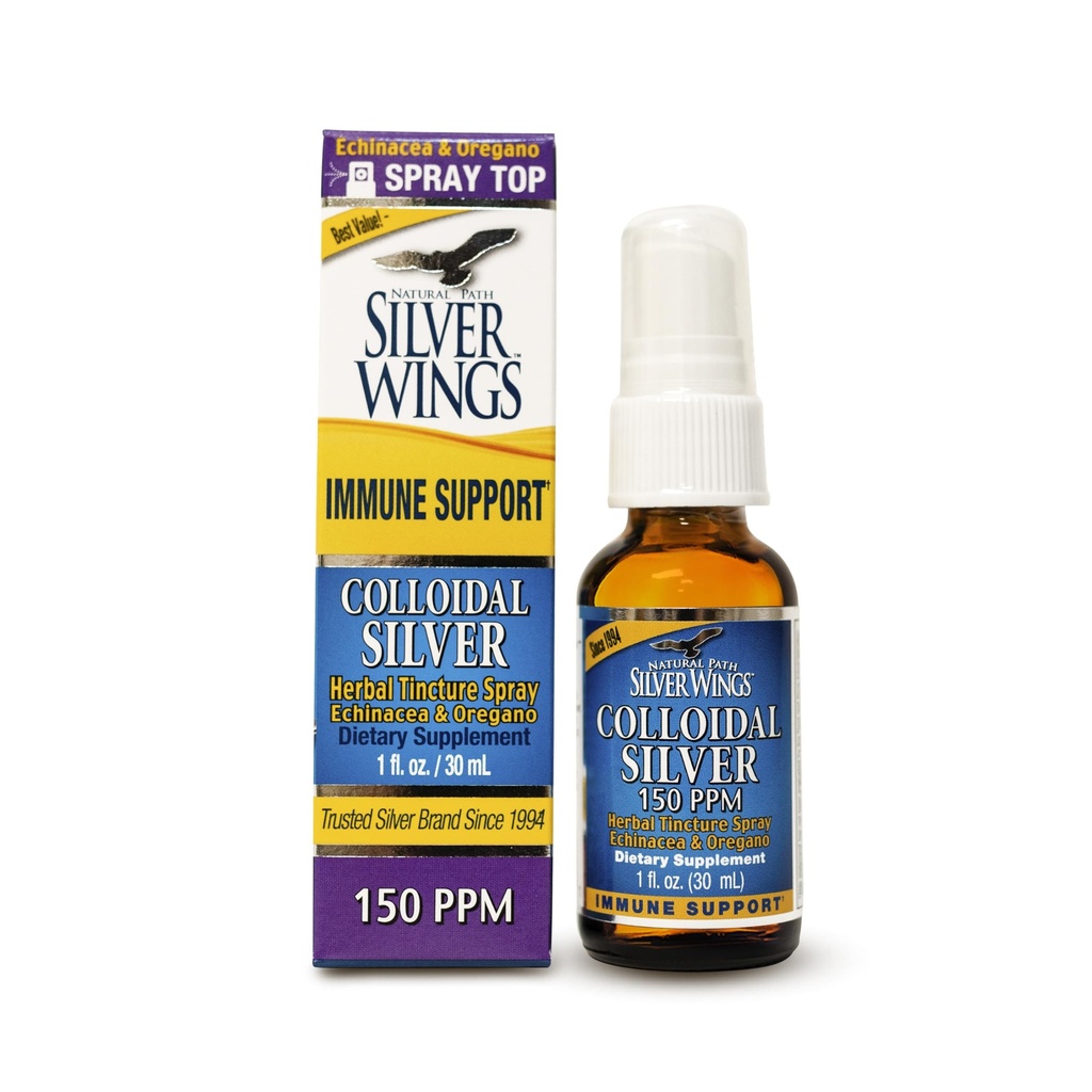 Prírodná cesta Strieborné krídla Koloidné striebro 150ppm (750mcg) w/Echinacea & Oregano Immune Suplement - 1 fl. oz Spray