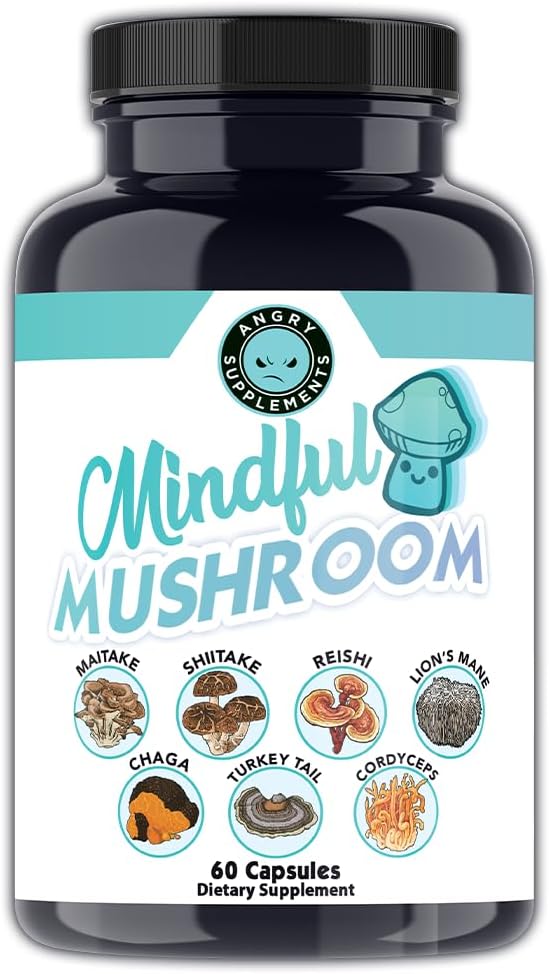 Angry Supplements Mindful Huby Kapsule - 7in1 Premium Health Shrom Blend of Maitake, Shiitake, Reishi, Turkey Tail, Cordyceps, Lions Mane a Chaga Huby (60ct)
