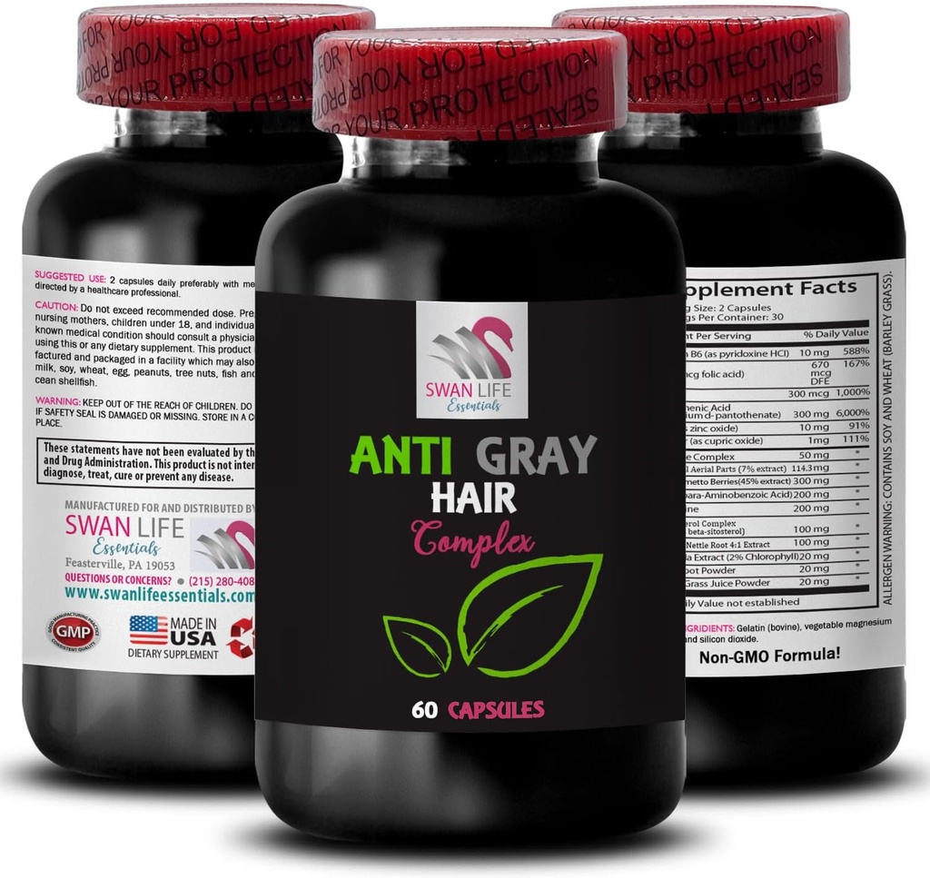 Anti šedivé vlasy pilulky - ANTI GRAY VLASY COMPLEX - Farba vitality, Starostlivosť o šedivé vlasy, Čerstvý tón, Vibrujúca farba, Anti šedivé vlasy doplnok, Tlmenie vlasov, Mladý vzhľad 1 Fľaša 60 Kapsule