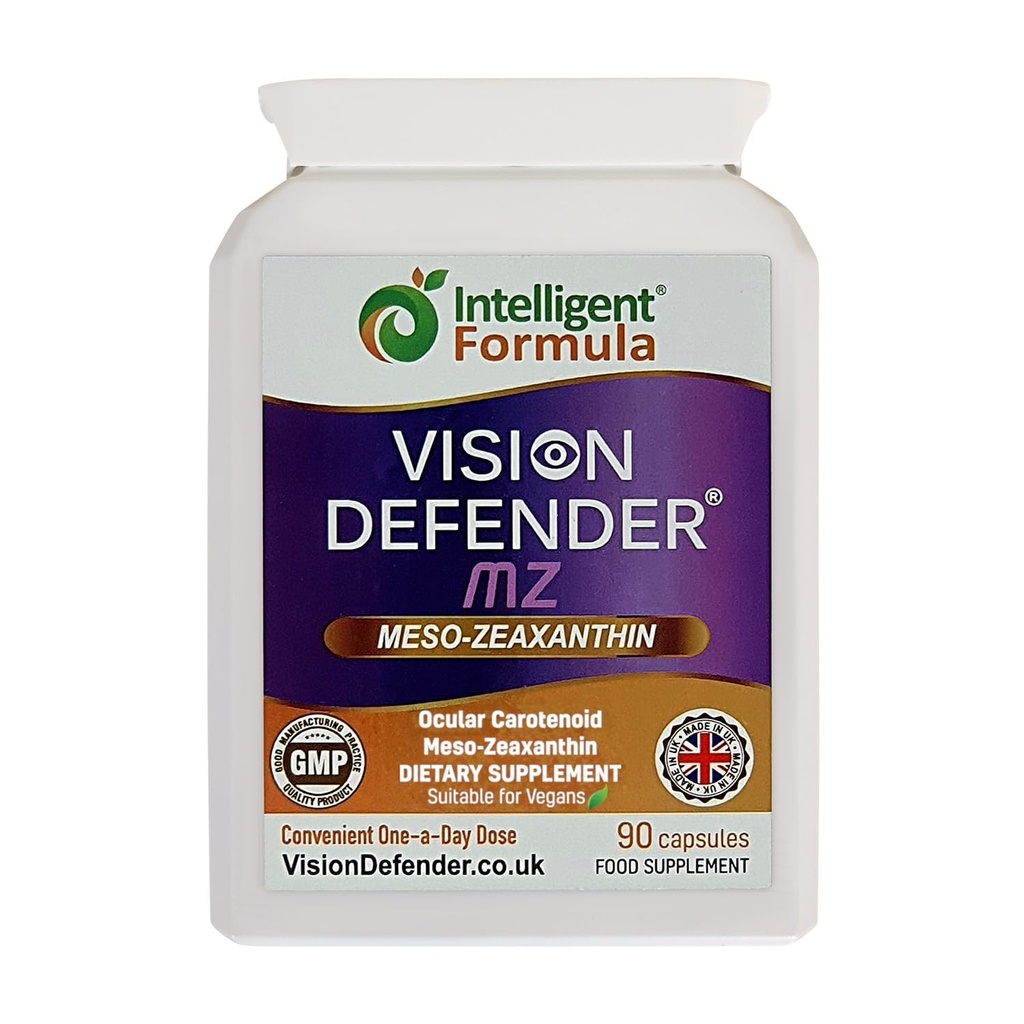 Vision Defender Meso Zeaxantin Vegan Eye Supplement MZ- Chráňte a zdokonaľujte očné zdravie a očnú starostlivosť, antioxidant Karotenoid Meso-Zeaxantin pre oči (90 kapsúl/jeden deň) Vyrobené vo Veľkej Británii