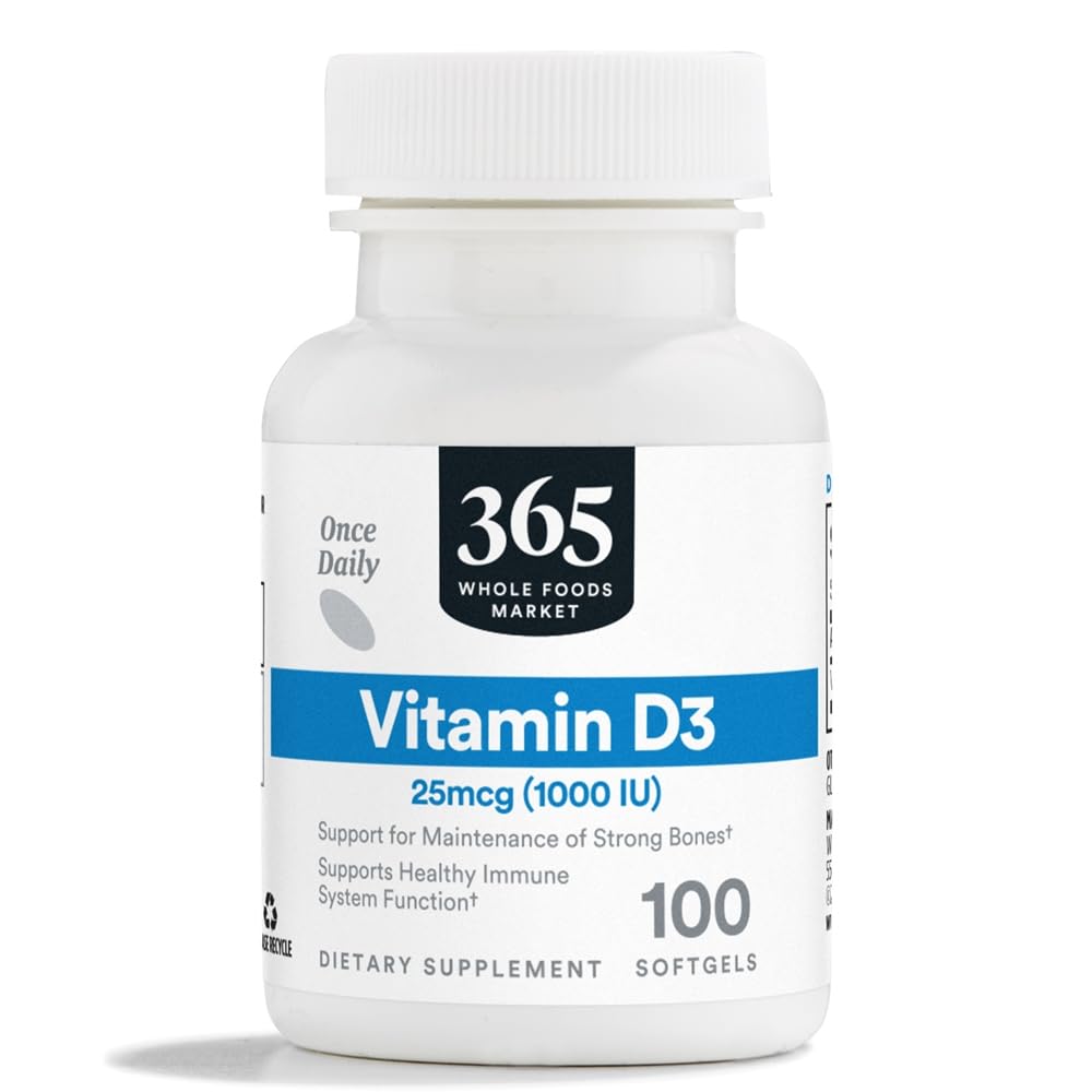 365 podľa celého potravinového trhu, vitamín D3 Softgels, 1000 IU, 100 CT