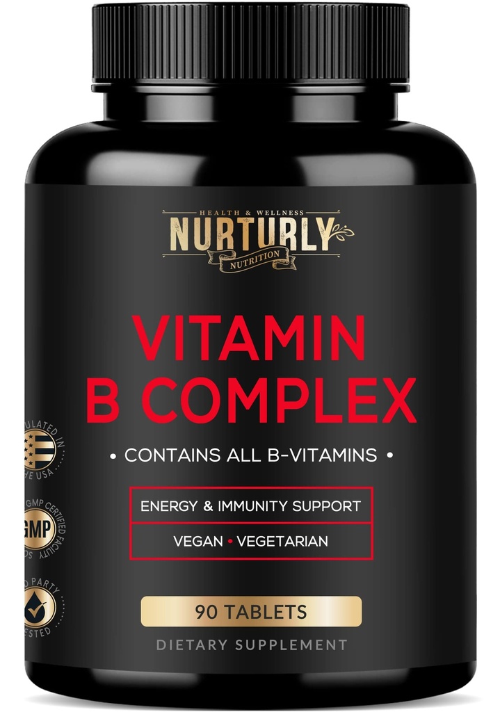 Vitamín B komplex - obsahuje všetky esenciálne B vitamíny - B1, B2, B3, B5, B6, B7, B9, B12 a biotín - Super B komplex Vitamíny pre energiu, odolnosť a podpora nálady - 90 tabliet