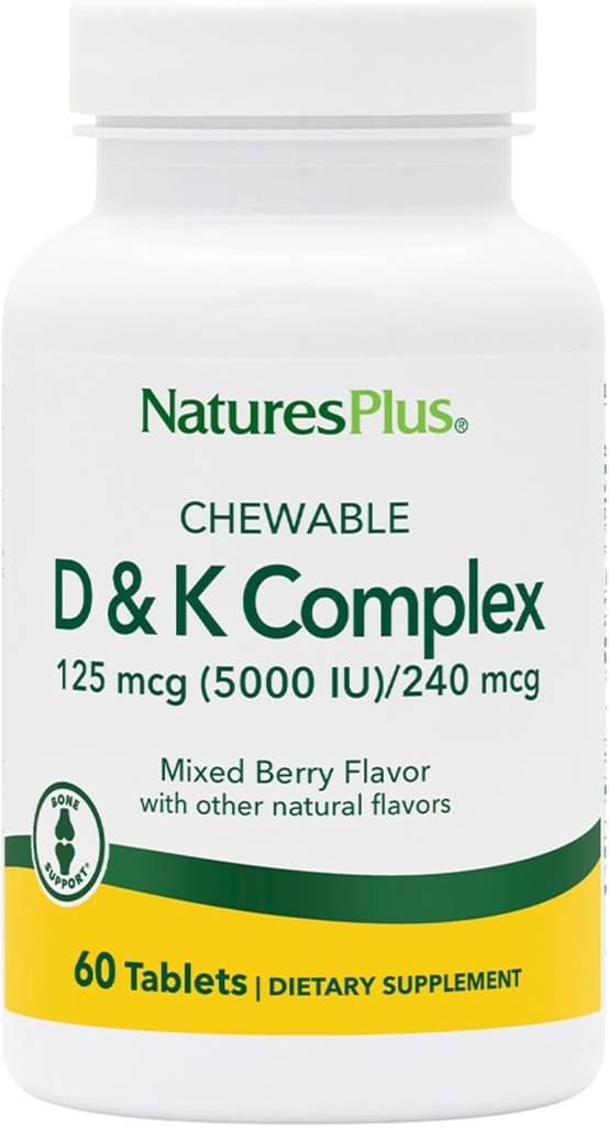Natures Plus D & K Complex - 60 zmiešané Berry Chewables - podporuje metabolizmus vápnika - vegetariánska, non-GMO, lepidlo zadarmo, sója zadarmo - 60 porcií