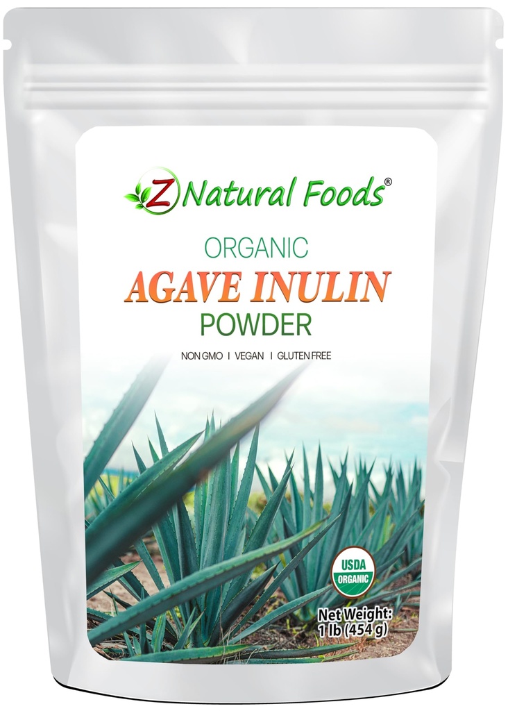 Z Natural Foods Organic Agave Inulin Powder, Natural Fiber Supplement, Prebiotic Superfood Powder for Drinks, Smoothies, and Recepty, Surové, Non-GMO, Vegan, Gluten-free, Kosher, 1 lb