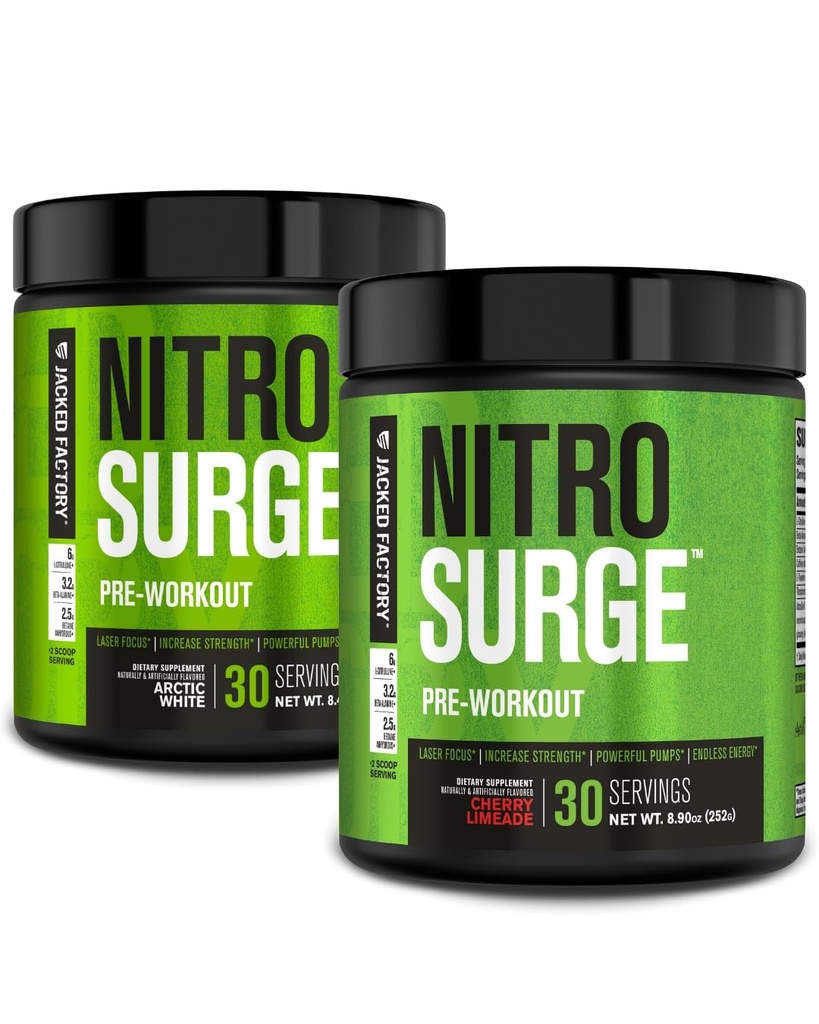 Jacked Factory NITROSURGE Pre Cvičenie Supplement for Energy, Instant Strength Gains, Clear Focus, & Intenzívne čerpadlá (Arktická biela, 30 Servírovanie & Cherry Limeade, 30 Servings)
