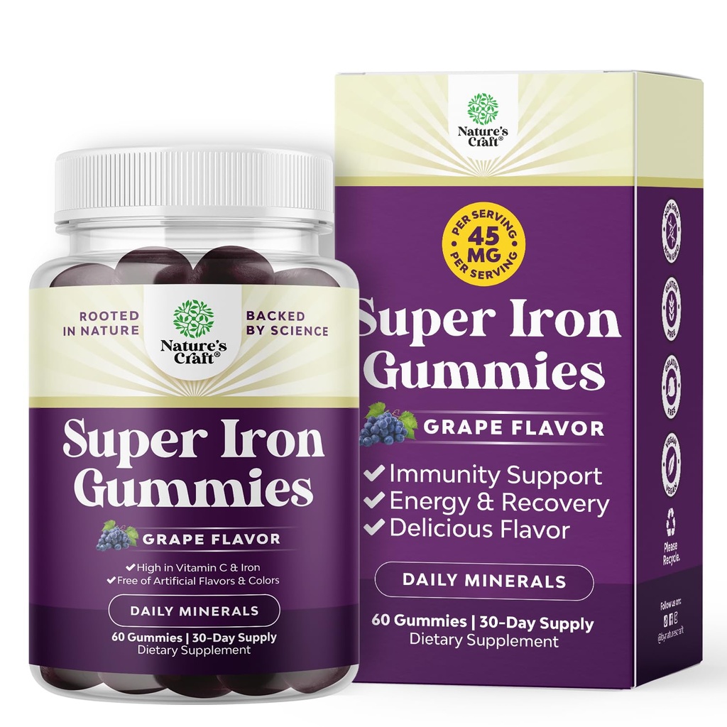 Extra Strength Iron Gummies for Women and Men - Potent 45mg per Serving Chewable Supplement for Women and Men with Vitamin C for Higher Absorption - Vegan Daily Iron Gummy No Artificial Flavors - 60Ct