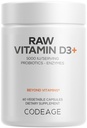 Codeage Raw Vitamin D3+ High Potency 5000 IU Supplement from Saccharomyces Cerevisiae - Raw Vitamin, Probiotiká, Digestive Enzymes, Fruits & Greens - 2-Month Supply - 60 Kapsule