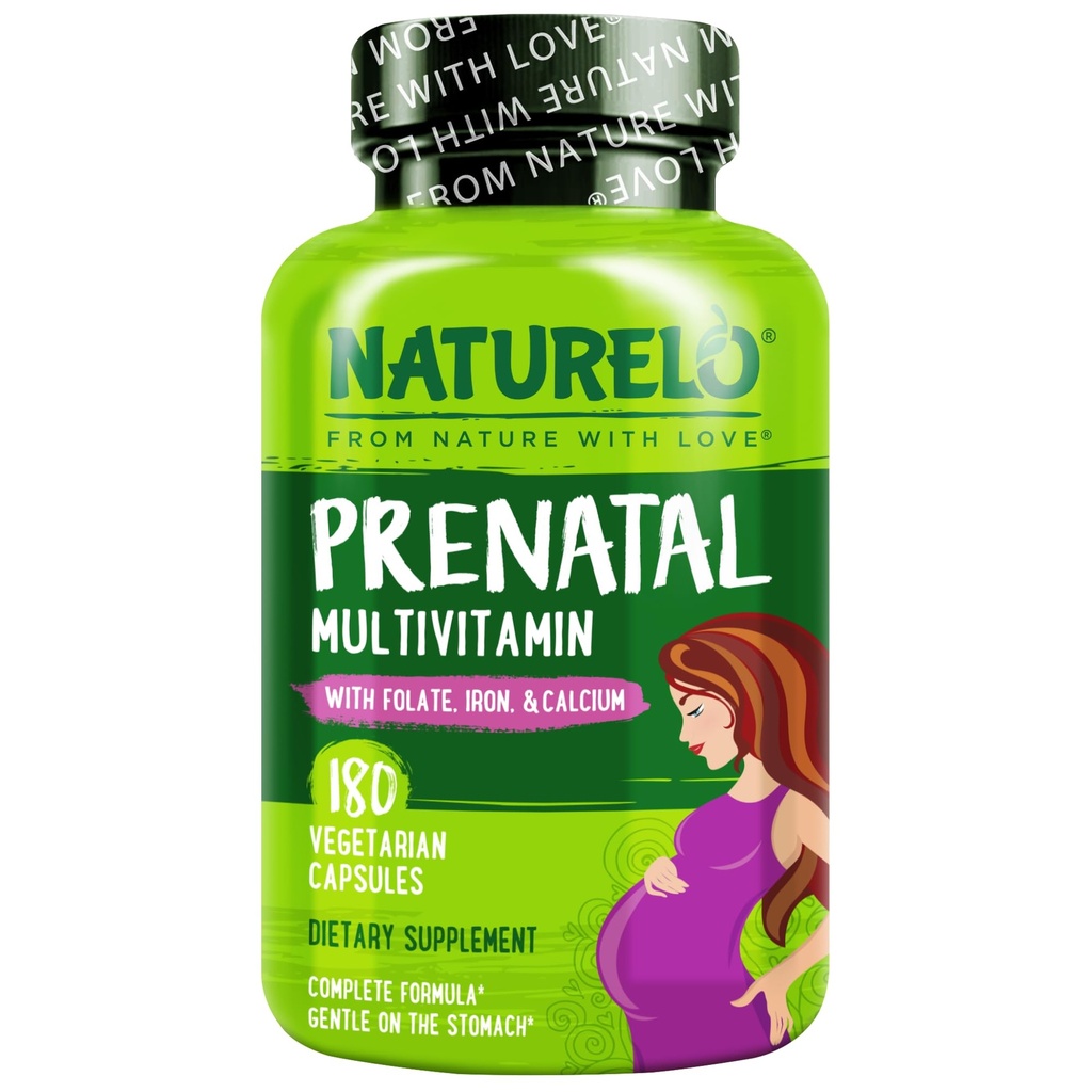 NATURELO Prenatálny multivitamín s jemným obsahom železa, metylfolátu, rastlinného vápnika a cholínu - Vegan, Vegetarián - Non-GMO - Bez lepku - 180 kapsúl - 2 mesiace Dodávka