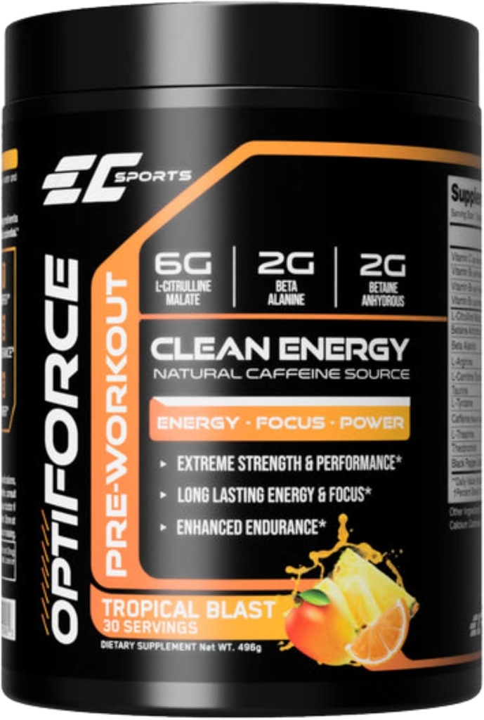EC Sports OptiForce predpráce Tropical Blast doplnok prášok - Čistá energia a prírodné kofeín w/Long-Lasting vytrvalosť a zameranie - 30 Servisov