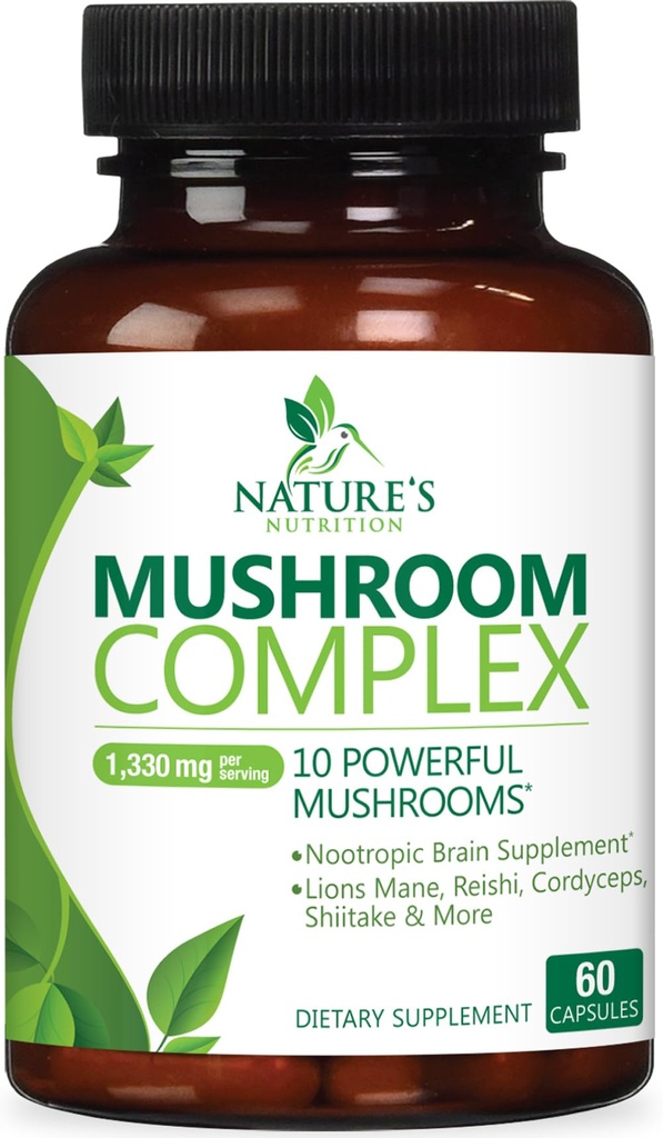 Hubový mozog doplnok 1330 mg - 10 v 1 komplexu s vysokou silou hlienu s Levmi hrivou, Tureckom chvostom, Reishi, Cordyceps, Chaga a mozog Nootropný komplex pre podporu pamäte a Focus - 60 kapsúl