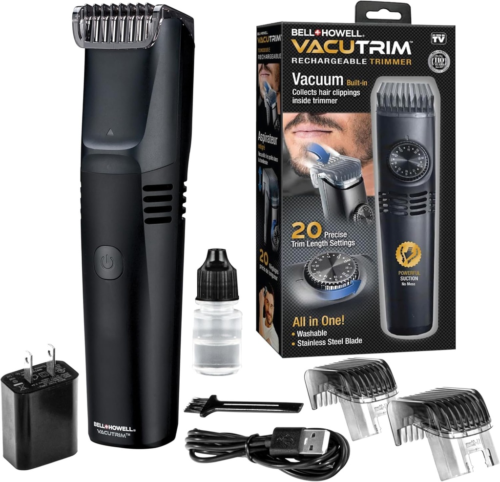 Vacutrim Bezdrôtové mužov Brada Trimmer, Dobíjateľné elektrické Shaver s 20 Trim Nastavenie kalibrácia Dial a vstavaný-in vákuum pre fúzy, Sideburns. Tvárové vlasy, čierna, 7,5" ako vidieť v televízii