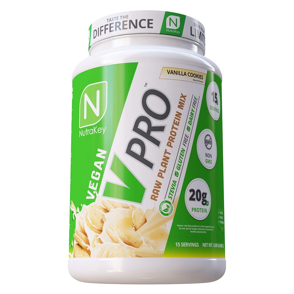 NutraKey V-Pro, Raw Plant Protein Powder, Organic, Vegan, Low Carb, Gluten Free with 20g Protein (Vanilla Cookie) 1.78-Pound.