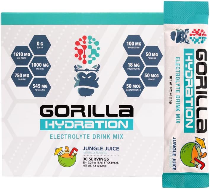 Gorilla Mind Hydratačné balíčky - 3,073mg Electrolytes On The Go Pohodlný nápoj Mix pre komplexné premiešanie - Zero Sugar, Prirodzene Sladené a pôst priateľsky - 30 Gróf (Jungle Juice)