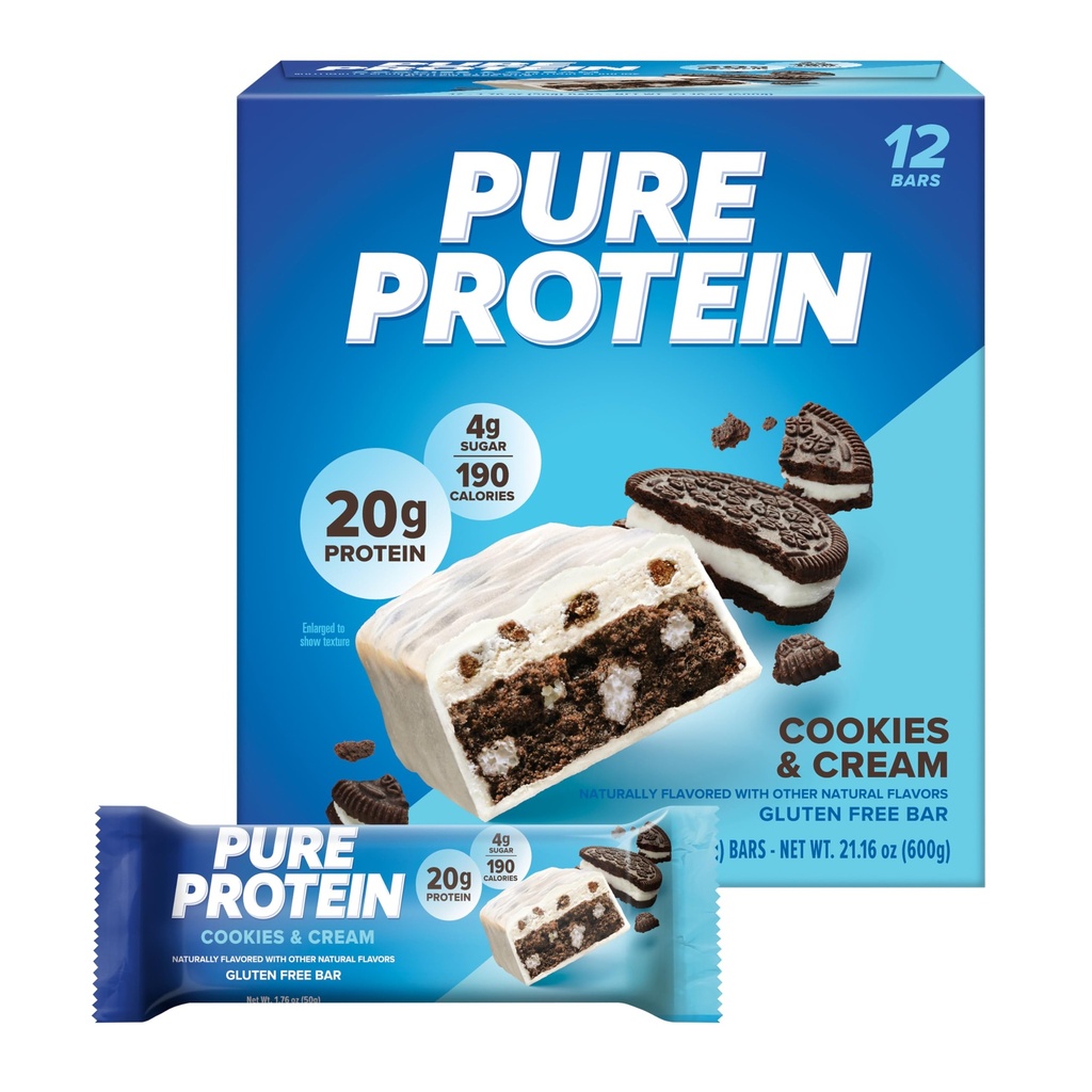 Čisté proteínové tyčinky, vysoký proteín, výživné nánosy na podporu energie, nízky cukor, bezlepok, Cookies and Cream, 1.76oz, 12 balení
