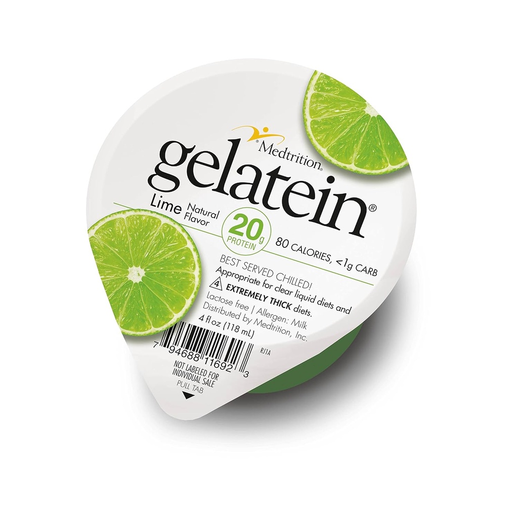 Gelatein Lime: 20 gramov bielkovín. Bez cukru. Ideálne pre priehľadnú tekutú stravu, ťažkosti s prehĺtaním, bariatriku, dialýzu a onkológiu. Skvelý pred alebo po tréningu občerstvenie. (12 balení)