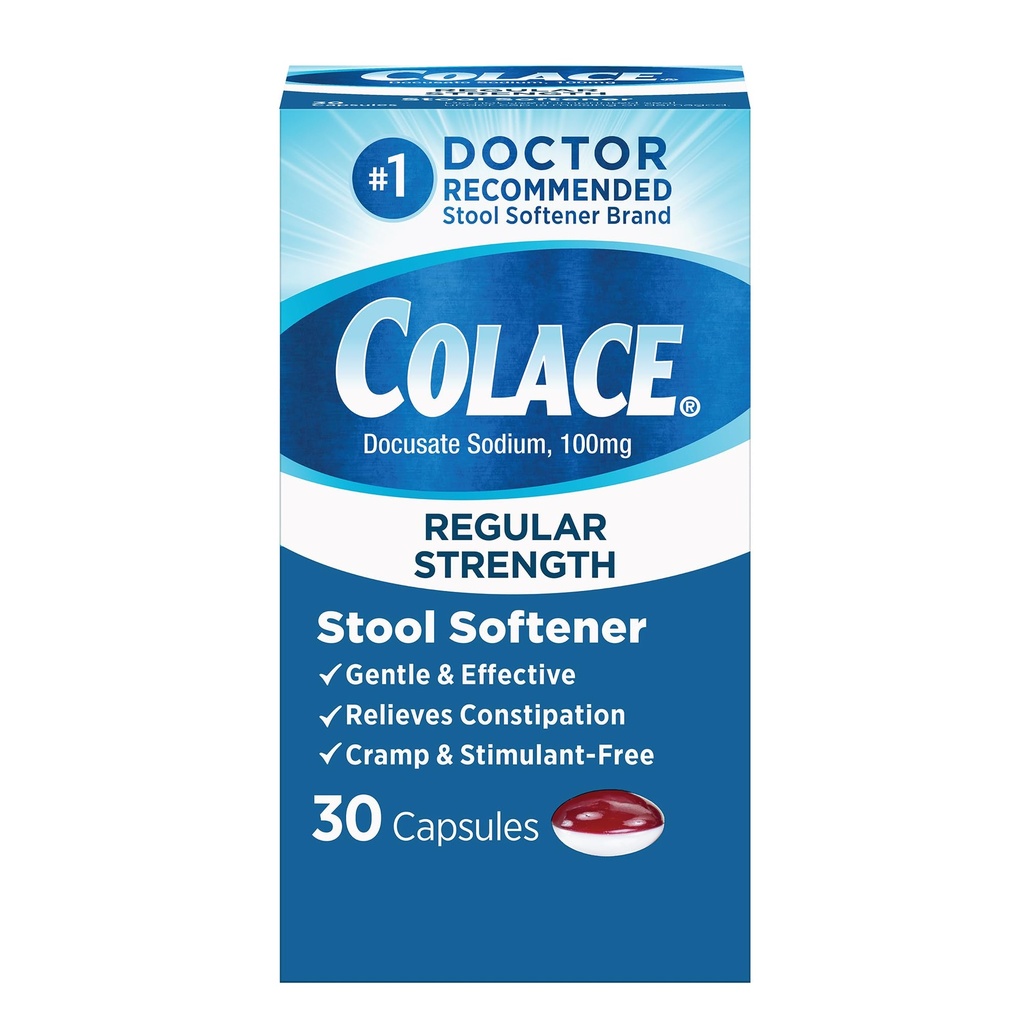 Colace Pravidelná sila Stolový zmäkčovač pre jemne účinnú úľavu od zápcha, č 1 lekár odporúča Stool Zmäkčovadlo Značka, 100 mg Docusate Kapsule, 30 Počet