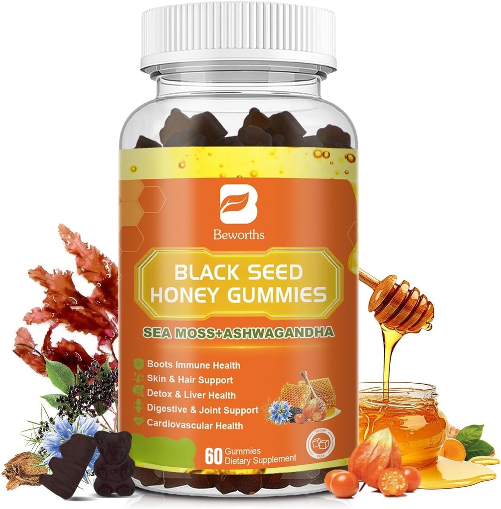 Čierny olej zo semien Morské machy Gummy s Ashwagandha, Burdock Root, Linden med, bazy, kurkumy, vitamín C, D3 a zinok - podporuje imunitu, kĺby, trávenie, vlasy a koža, Vegan Gummy 60 Počet