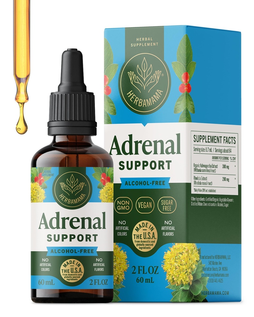 HERBAMAMA Adrenal Support Liquid Drops - Vegan Adrenal Tinture with Ashwagandha Root & Rhodiola Rosea Extract - Non-GMO, Alkohol & Supplement bez cukru - 28-Deň dodávky