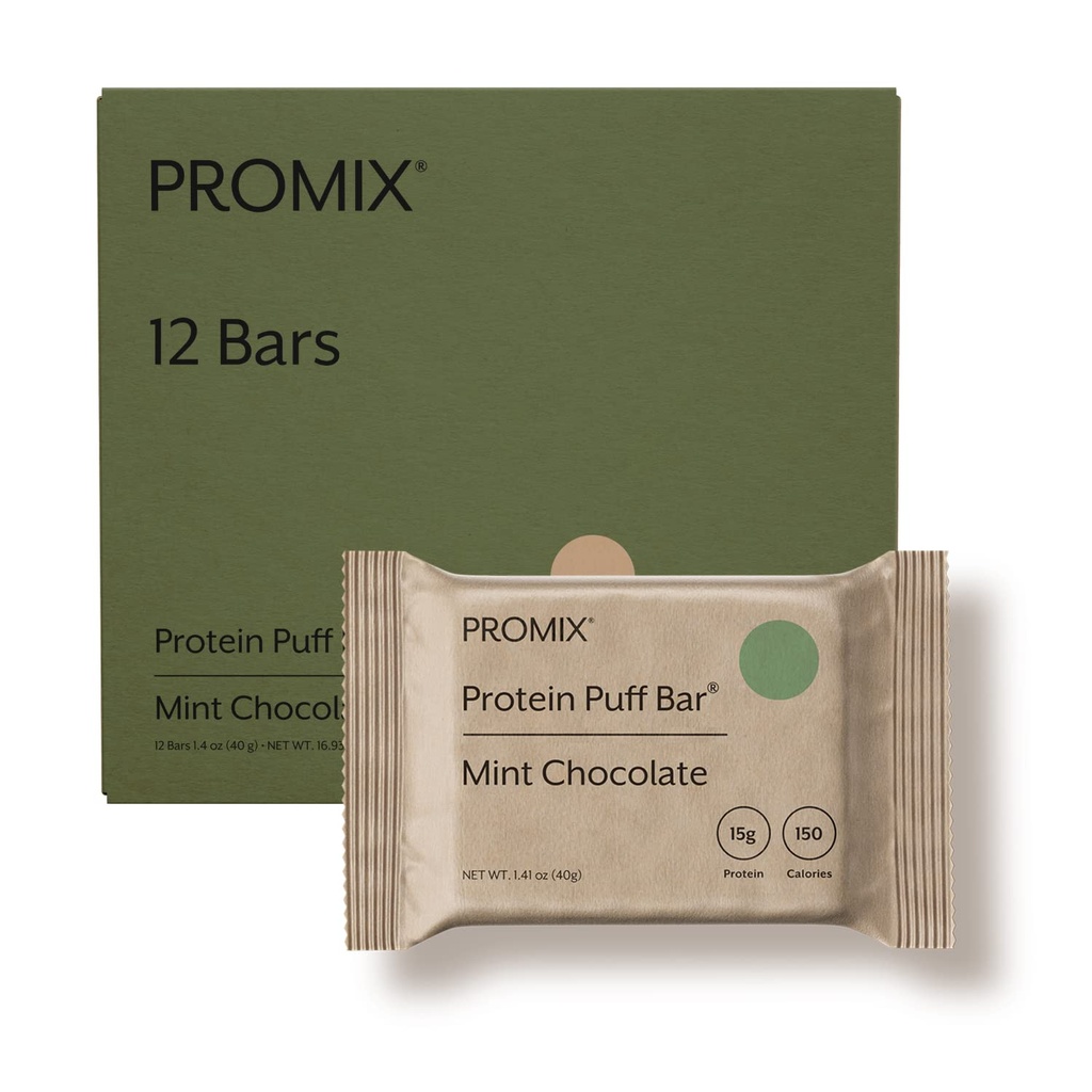 ProMix Nutrition Protein Puff Bary - Mätová čokoláda- marshmallow Crispy Treat - Veľká chuť a zdravie na Go Snack - vysoký proteín a nízka kalórií - bez lepidla, sóje, a kukurice - 12 Bary