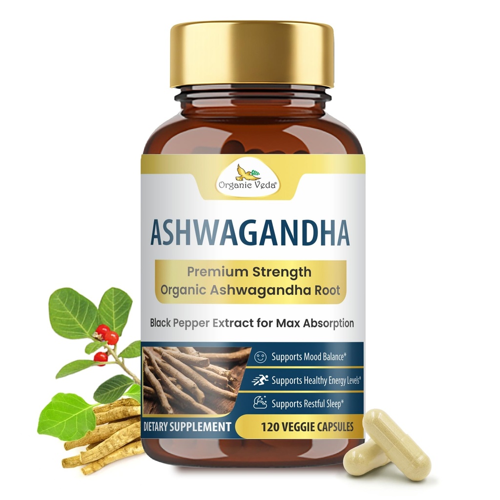 Organické Veda Ashwagandha Kapsule, 2000mg - 100% Pure Ashwagandha Root Supplement with Black Pepper Extract for maximum Absorbtion - Boost Energy, Adrenal, Imunity & Mood - Vegan - 120 Count