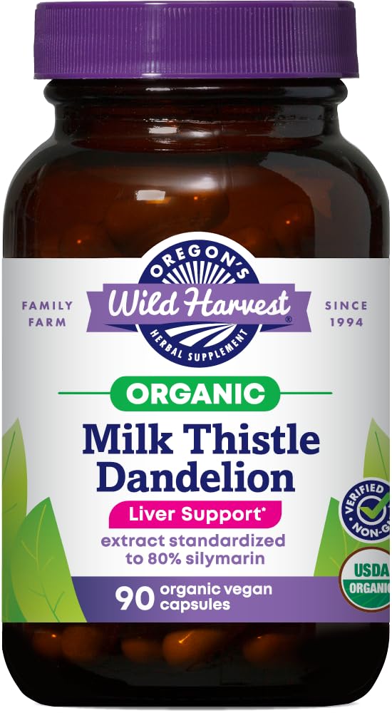 Oregon's Wild Harvest Certified Organic Milk Thitle Dandelion Capsulas Liver Support Extract Štandardizovaný na 80% Silymarin, 90 Počet