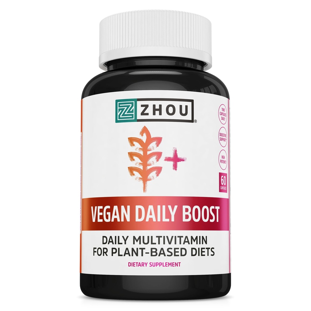 Zhou Vegan Multivitamín pre ženy a mužov, Daily Vegan Supplement, Essential Multivitamín so železom a zinkom pre energiu, Vitalita, Imunitná podpora a zdravie celého tela - 60 Veg Caps
