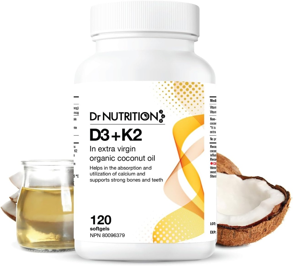 Vitamín D3 + K2 v organickom kokosovom oleji, vitamín K2 MK7 + D3 (1000IU), rýchly kostný a srdcový zdravotný vzorec, pomáha Absorbovať a využívať vápnik, podporuje imunitu, zlepšuje náladu - 120 Softgels