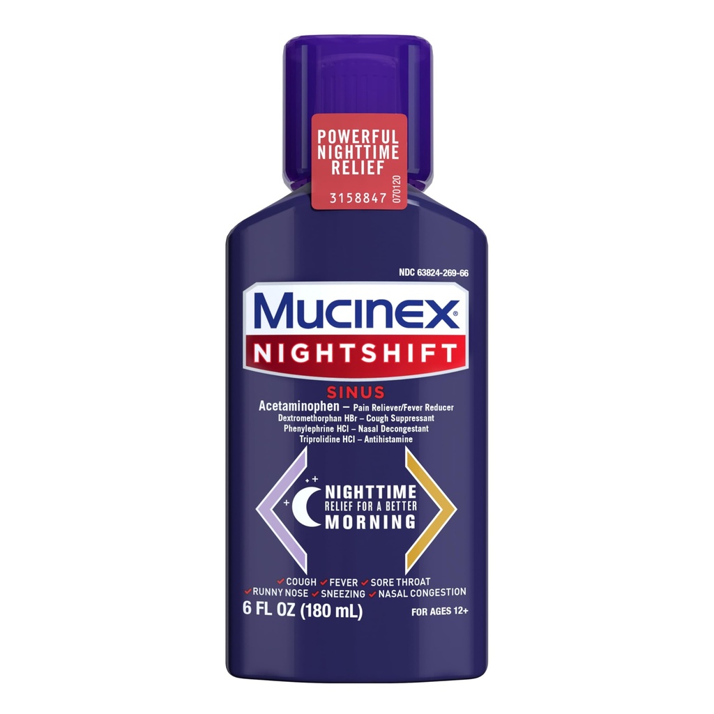 Mucinex Nightshift Sinus, Cold And Flu Cough Medicine Pre dospelých, Silný nočný Sinus Medicine pre Sinus Relief, Sore Throat Relief, Cough Supressant & Nasal Decongestant pre dospelých, 6 Fl Oz