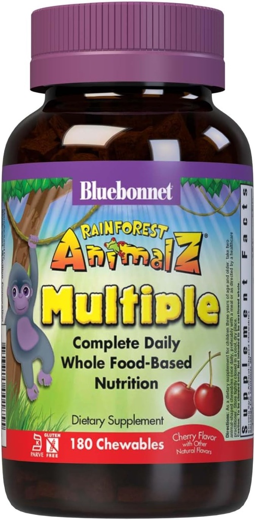 Bluebonnet Nutrition Rainforest Animalz Whole Food Based Multiple Chewable Tablet, Kids Multivitamín a minerály, Vitamín C, D3, Železo, Gluten Free, Milk Free, Kosher, 180 Chewable Tablets, Cherry Flavor