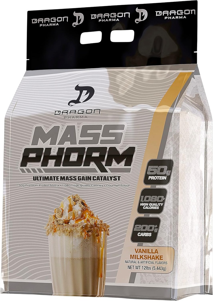 DRAGON PHARMA Mass Phorm, Ultimate Mass Gain Catalyst, 50g Protein Matrix, 200g Complex Carbohydrates, Viac ako 1000 kalórií na obsluhu (20 Servings, Vanilla Milkshake)