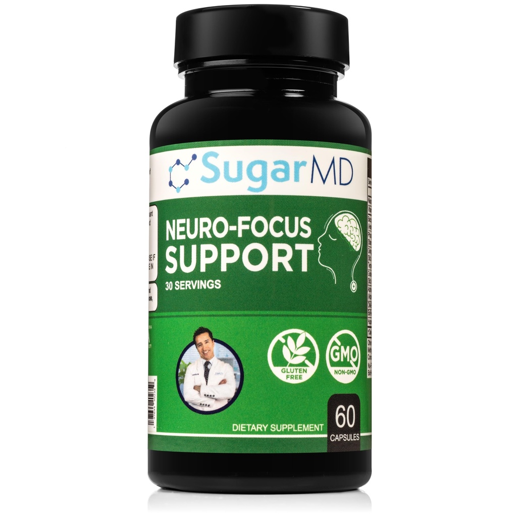 SugarMD Neuro-Focus Support - Brain Health Doplnky pre pamäť - Zameranie a jasnosť Formula Bacopa, Ginkgo, & Bioperine pre Cognitive Support - Non-GMO a Gluten-Free - 60 Kapsule