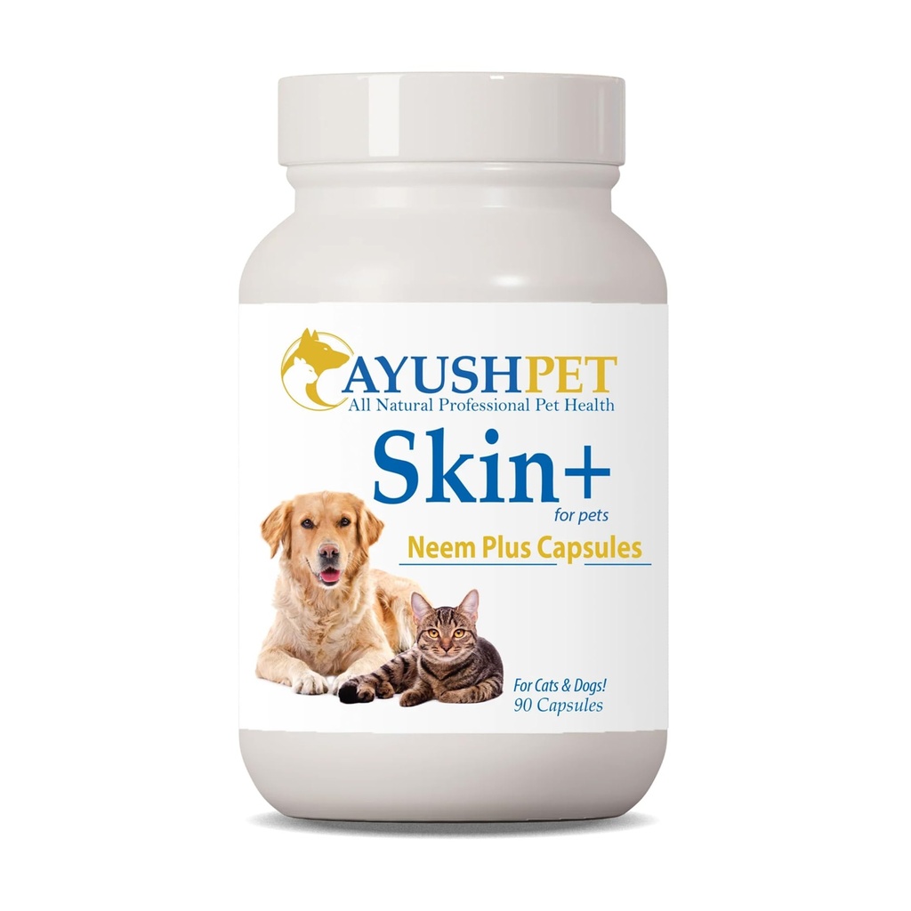 Ayush Pet Neem Plus - Neem Supplement pre psy, kožu a pleť Support pre domáce zvieratá s svrbenou pokožkou, bylinné kapsule s Triphala a Neem od Gut a Immune Health - 90 Kapsule