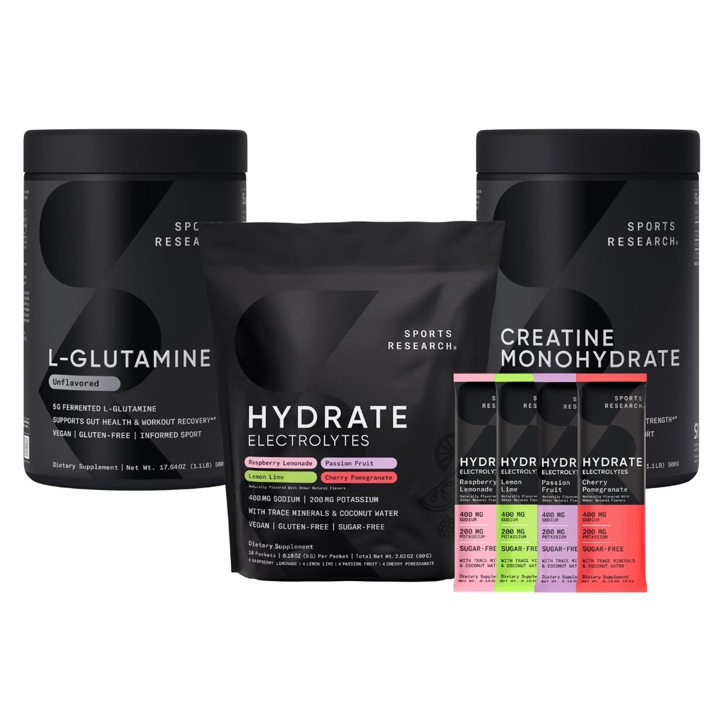 Športový výskum L-Glutamine (1,1 lbs), bezcukrová prirodzene ochutená hydratovaná elektrolyty 16x Odrodové balíčky a monohydrát kreatínu (1,1 lbs)
