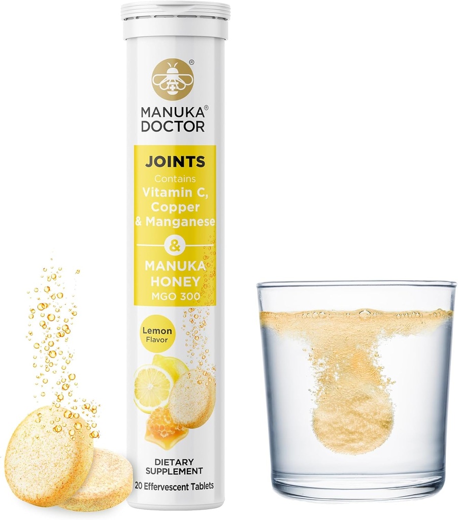 Manuka lekár kĺby * Denná spoločná podpora doplnok s Manuka med, vitamín C, meď a mangán pre podporu spoločného zdravia, citrónová chuť, 20 šumivé tablety