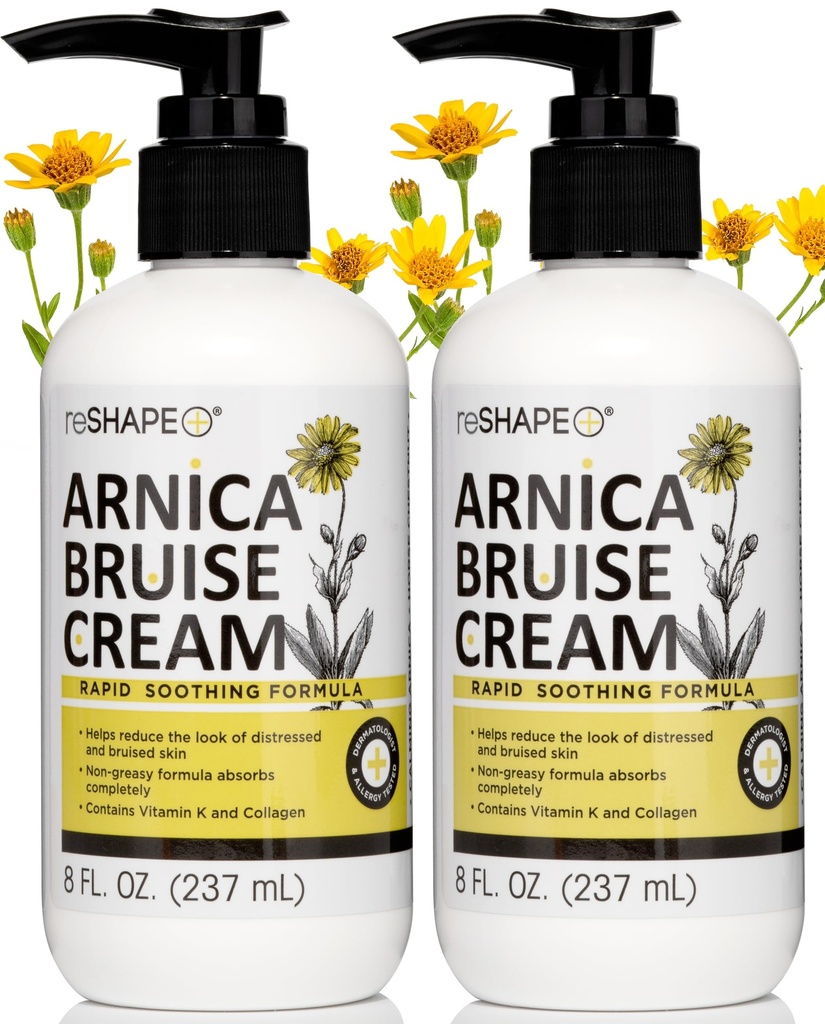 Reshape+ Arnica Bruise Relief Topický krém na modriny, opuchy, & sfarbenie na koži, prírodná starostlivosť o pleť Homeopatická Arnica Lotion W/vitamín K, Horse Chestnut, & Collagen, 8 Fl Oz (2-Pack)