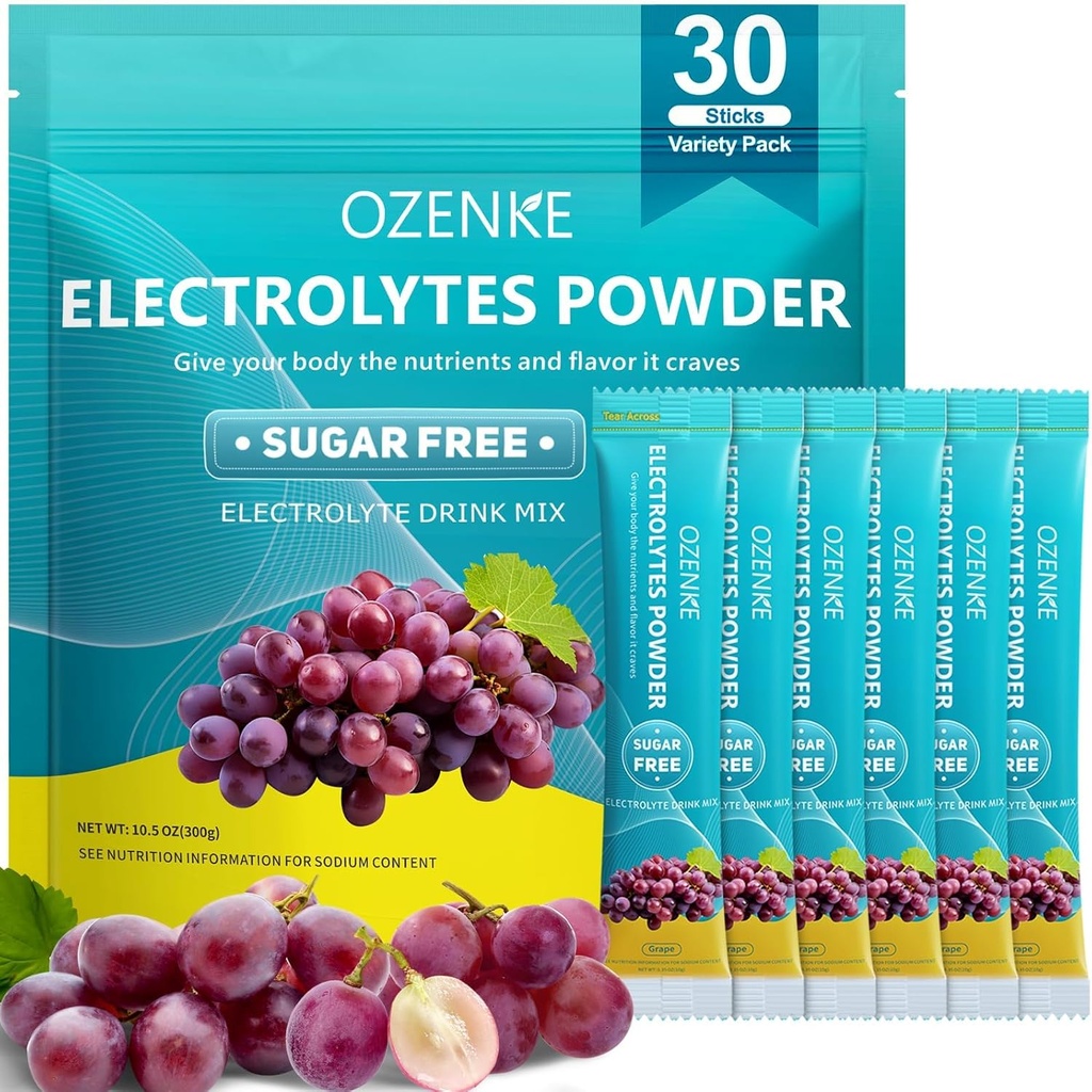 Hydratačné balíčky bez cukru, Electrolyte Drink Mix Prenosné hydratačné balíčky pre rýchlu hydratáciu, Hroznová chuť, 30 tyčiniek