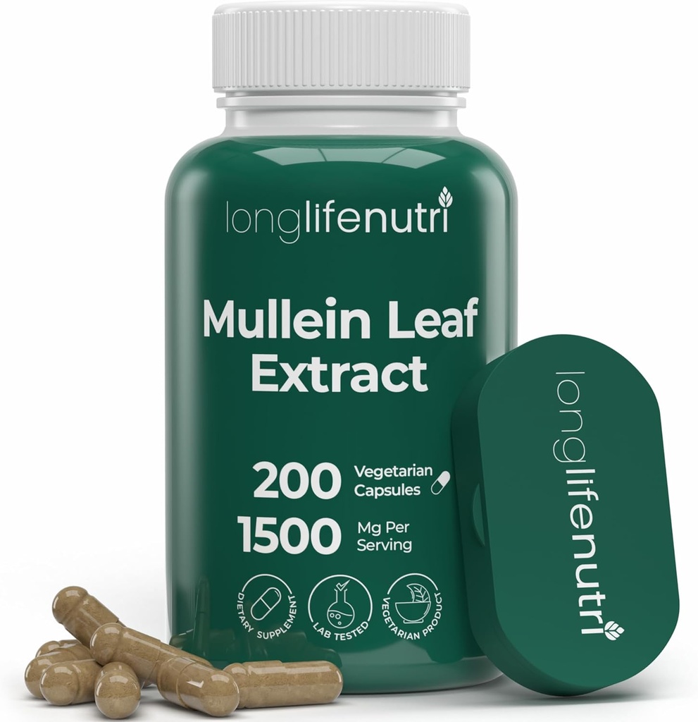 LongLifeNutri Mullein Leaf 1500mg 10:1 Extract - 200 Vegetariánske kapsule, z organickej Mullein Leaf Powder, bylinné doplnky pre respiračnú starostlivosť, 2-Month Supply, Non-GMO, GMP Certified, Made in USA