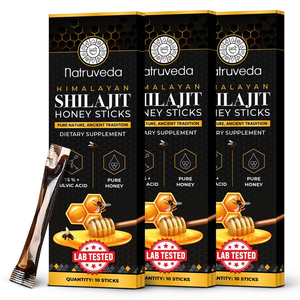 Himalájsky šilajit Honey Sticks for Men & Women - 75% + Fulvic Acid & Trace Minerals - Raw Honey, Saffron & Himalajit Shilajit Resin - Stamina, Performance & Energy Support - (Pack of 30)