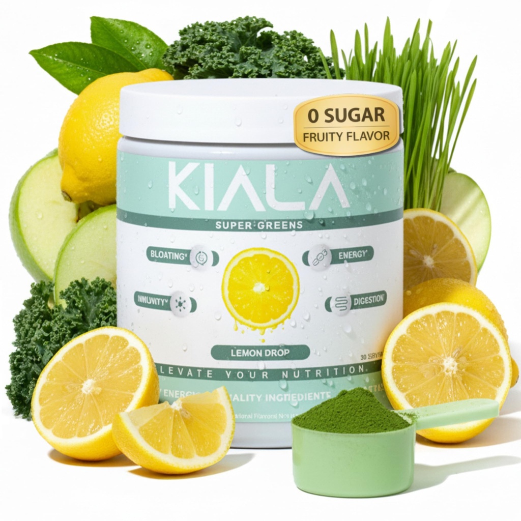 Kiala Nutrition Super Greens, Organic Greens Powder with Spirulina & Chlorella for Digestion, Gut Health, Imunity, Energy, Gluten Free, Vegan, Sugar Free, Spectra Blend, Lemon Drop, 30 Servings