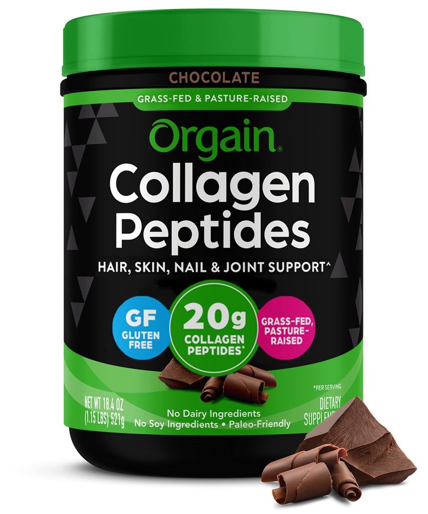 Orgain Hydrolyzed Collagen Peptides Powder for Women & Men, Chocolate, 20g Grass Fed Collagen - Hair, Skin, Nail, & Joint Suplement, Paleo & Keto, Non-GMO, Typ I a III, 1lb