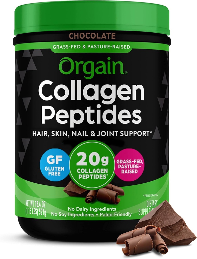 Orgain Hydrolyzed Collagen Peptides Powder for Women & Men, Chocolate, 20g Grass Fed Collagen - Hair, Skin, Nail, & Joint Suplement, Paleo & Keto, Non-GMO, Typ I a III, 1lb