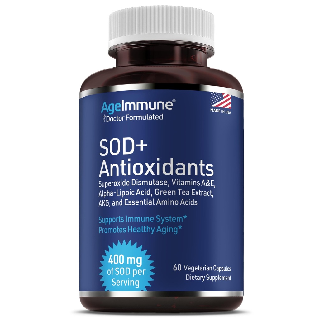 SOD Antioxidanty komplex zdravé starnutie doplnok - 400 mg Superoxid dismutáza - alfa kyselina lipoová - L-arginín - Lysín - AKG - vitamín A - vitamín E pre imunitnú podporu 60 kapsuly