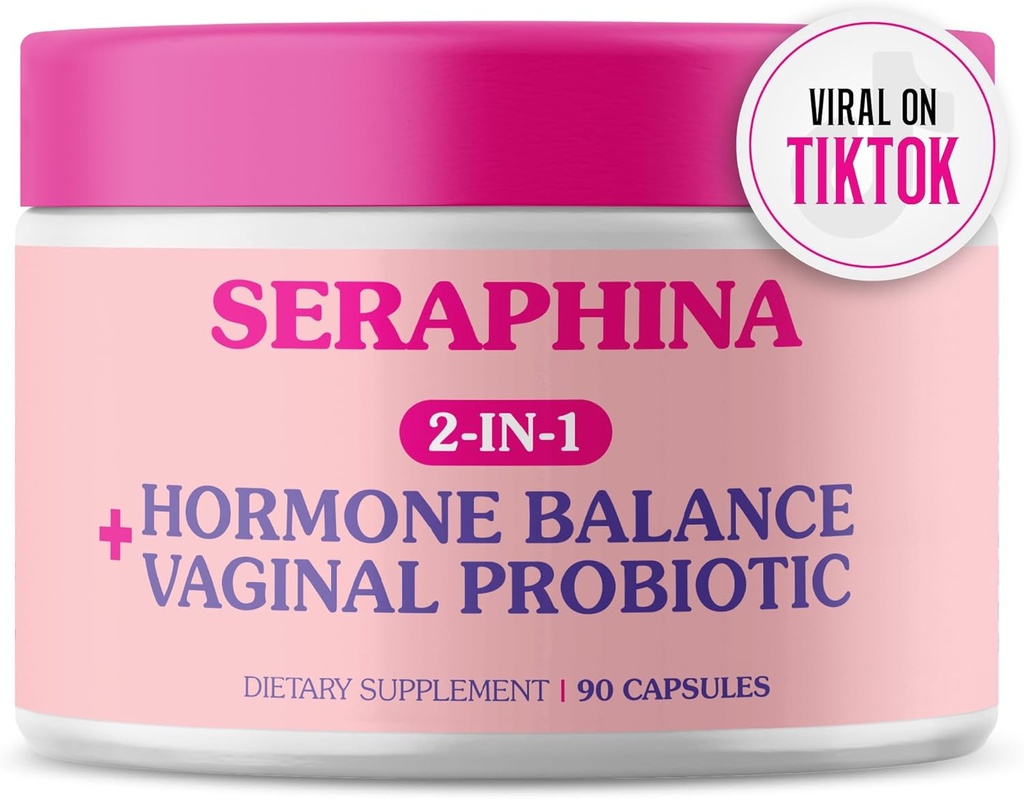 Serafina Vaginálne probiotiká 2-in-1 pre ženy + Hormone Balance - 90 kapsúl Kompletná starostlivosť o Feminine, PMS a močové Tract Health, Prebiotic Blend, 10 miliárd CFU, 6 kmeňov (90 kusov)