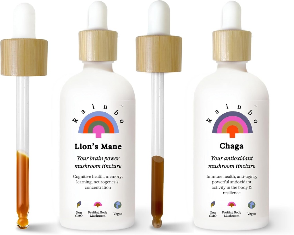 Rainbo Hubová huba, Lion's Mane Mushrom Extract + Chaga Mushrom Tinture, Dual Extract Daily Mushrom Tintures for Comprehensive Immune Support, Vegan Liquid Mushroom Supplements