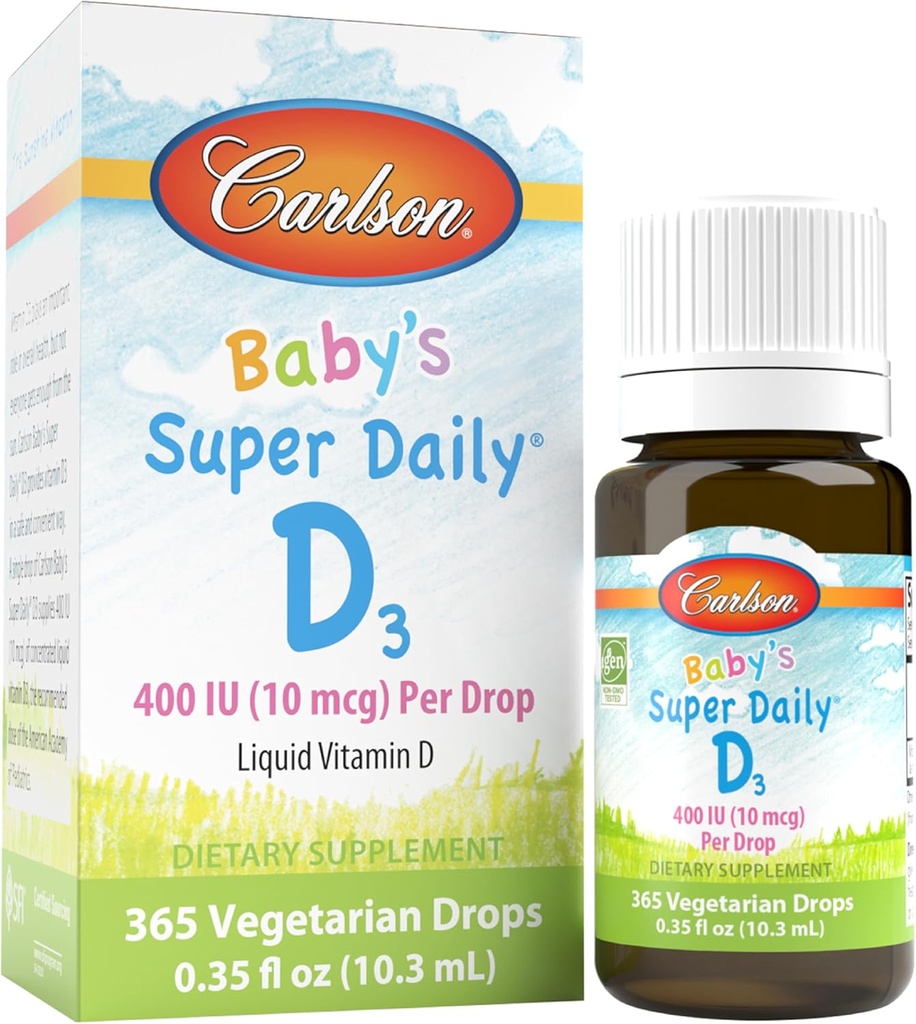 Carlson - Baby's Super Daily D3, Baby Vitamin D D Drops, 400 IU (10 μg) na kvapku, 1-ročné zásobovanie, Vegetariánska, Tekutý vitamín D pre dojčatá a batoľatá, Nechutné, 365 kvapky