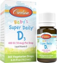 Carlson - Baby's Super Daily D3, Baby Vitamin D D Drops, 400 IU (10 μg) na kvapku, 1-ročné zásobovanie, Vegetariánska, Tekutý vitamín D pre dojčatá a batoľatá, Nechutné, 365 kvapky