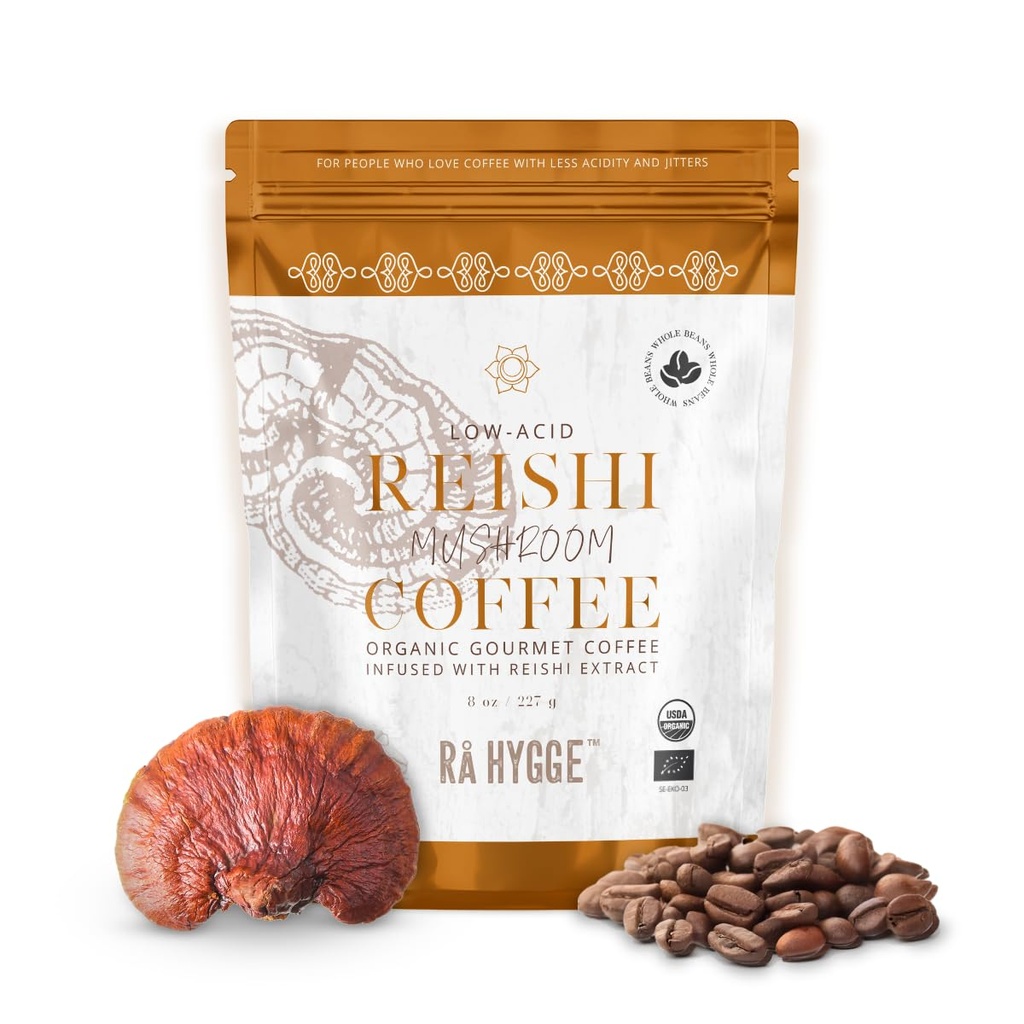 Rå Hygge Specialty Organic Celo Bean Mušroom Coffee with Reishi - For Calm Energy, Relaxation & Balance - Healthy Coffee Alternative, Low-Acid Medium Roast, 8 oz (16 poháre), Pražené vo Švédsku