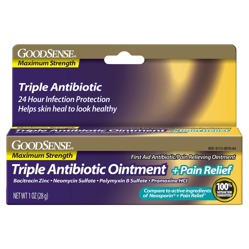 GoodSense Maximálna sila Triple Antibiotická masť plus úľava od bolesti - upokojuje bolestivé rezy, škrabance a popáleniny, zabraňuje infekcii, prvá pomoc antibiotikum, vonkajšia analgézia, 1 oz