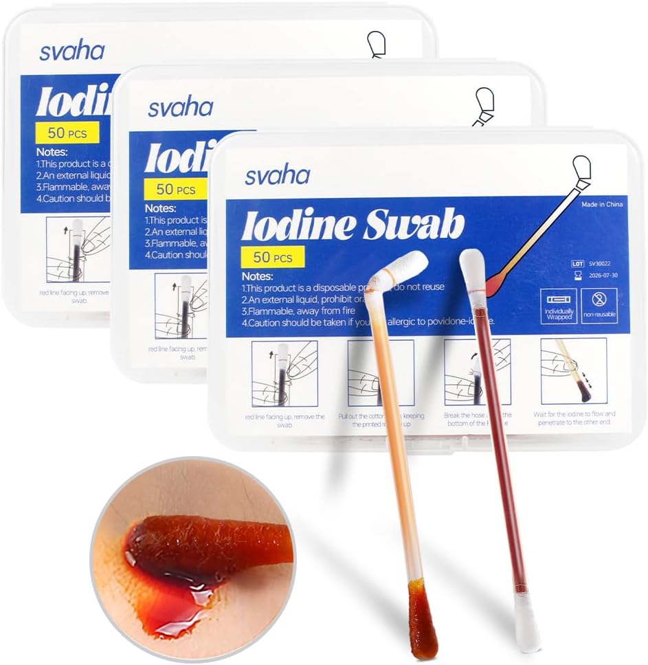 Povidón Iodine Swabs - 150 tyčiniek Sterilné jódové swabsticks, Individuálne zabalené bavlnené lopatky, riešenie naplnené pre čistenie rany, prvá pomoc, Cestovanie