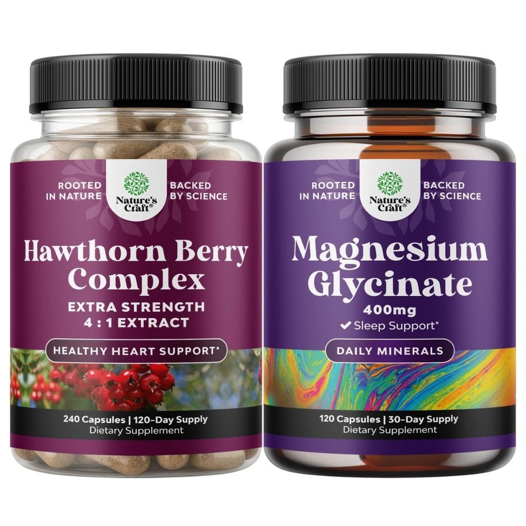 Prírody Remeslo Bundle extra sily Hawthorn Berry Kapsule - Extra Digestion and Heart Health Supplement and Pure Magnézium Glycinate 400mg per Serving for Mood Sleep and Relaxation